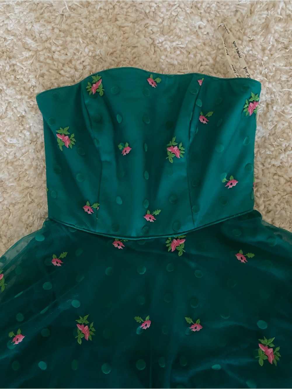 Betsey Johnson Evenings Vintage Green Floral Polkadot Tulle Strapless Dress - Picture 2 of 4